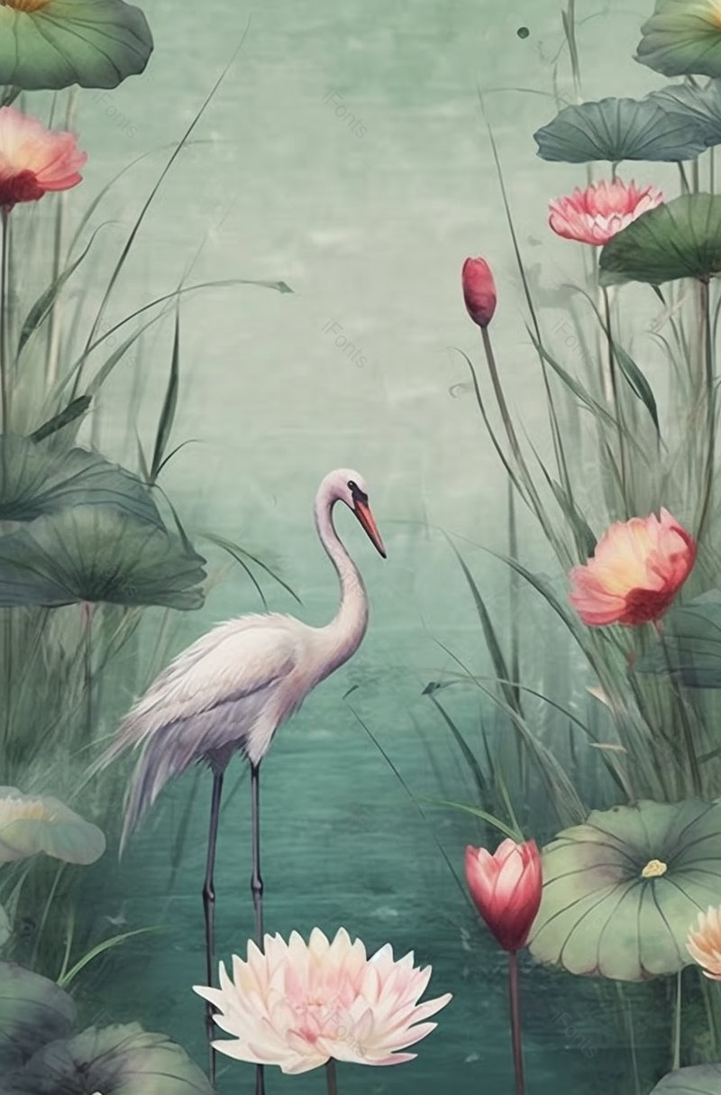 绿色中国风白鹤荷塘清新插画背景,插画/手绘图,插画/手绘图库,插画/手绘图下载,插画/手绘